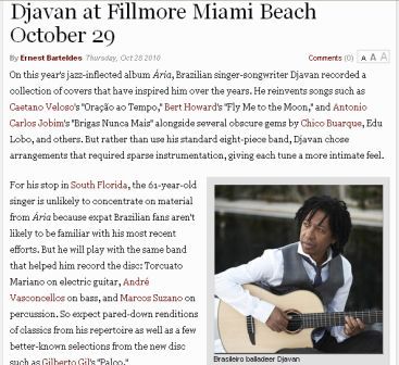 Anuncio del Concierto de Djavan en Miami New Times