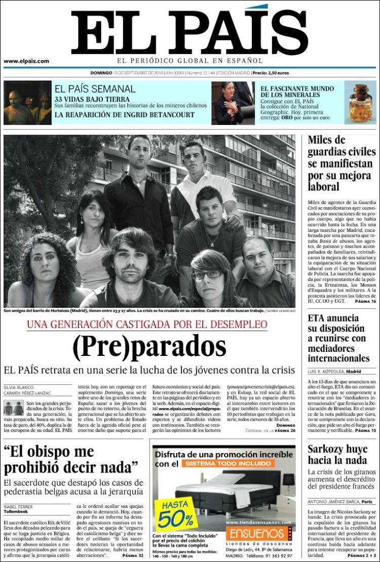 Portada que dedicó el diario español El País a los jóvenes talentosos y con preparación que no encuentran empleo en España