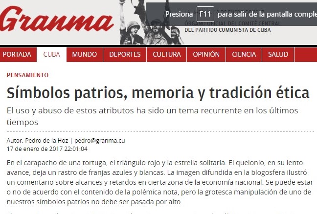 Arículo en Granma el 18 de enero de 2016 firmado por Pedro de la Hoz: "Se puede estar o no de acuerdo con el contenido de la polémica nota, pero la grotesca manipulación de uno de nuestros símbolos patrios no debe ser pasada por alto."