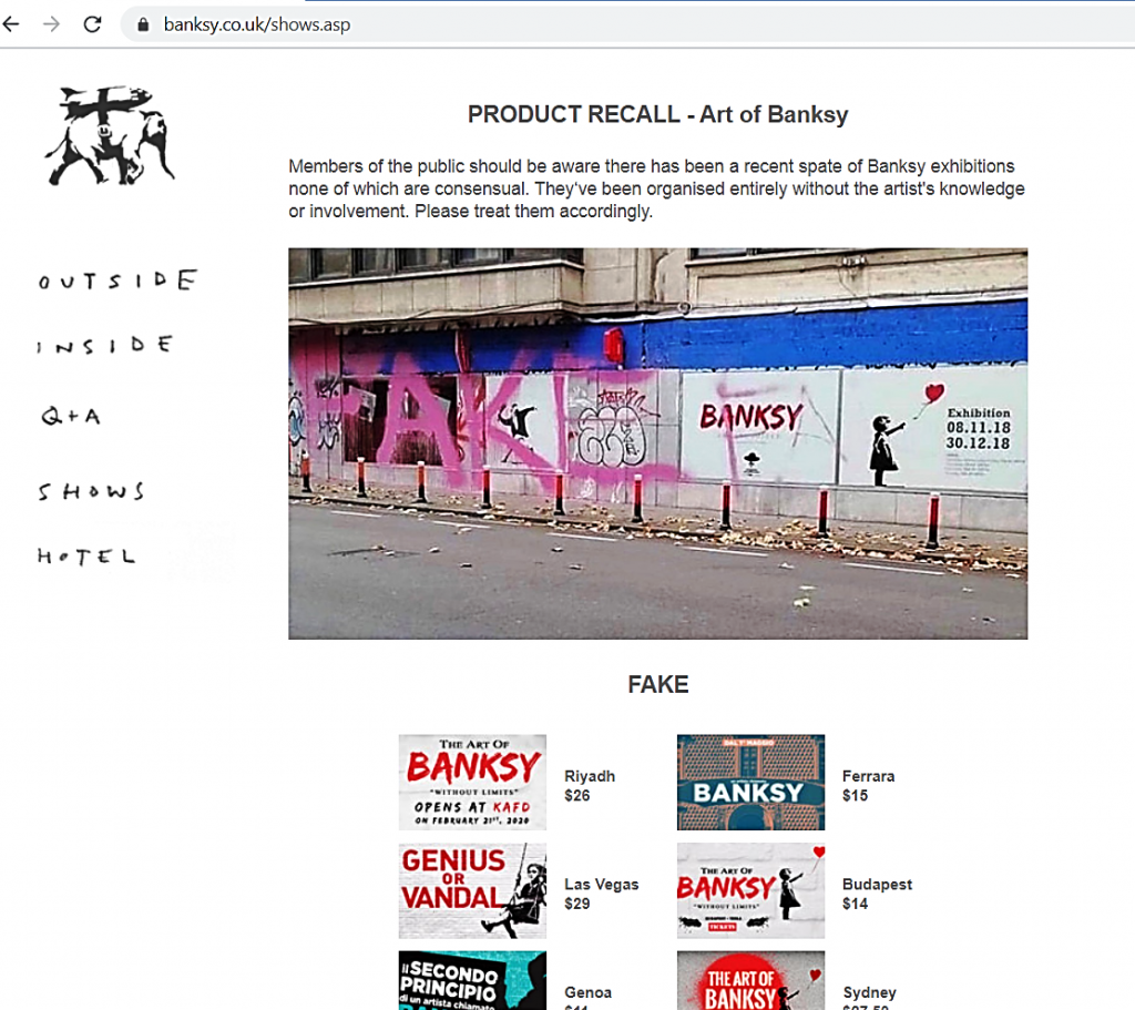 Captura de pantalla del sitio de Banksy donde el artista nos previene de las especulativas exposiciones que hacen con su arte los museos y el precio que hacen pagar al público. (https://www.banksy.co.uk/shows.asp)